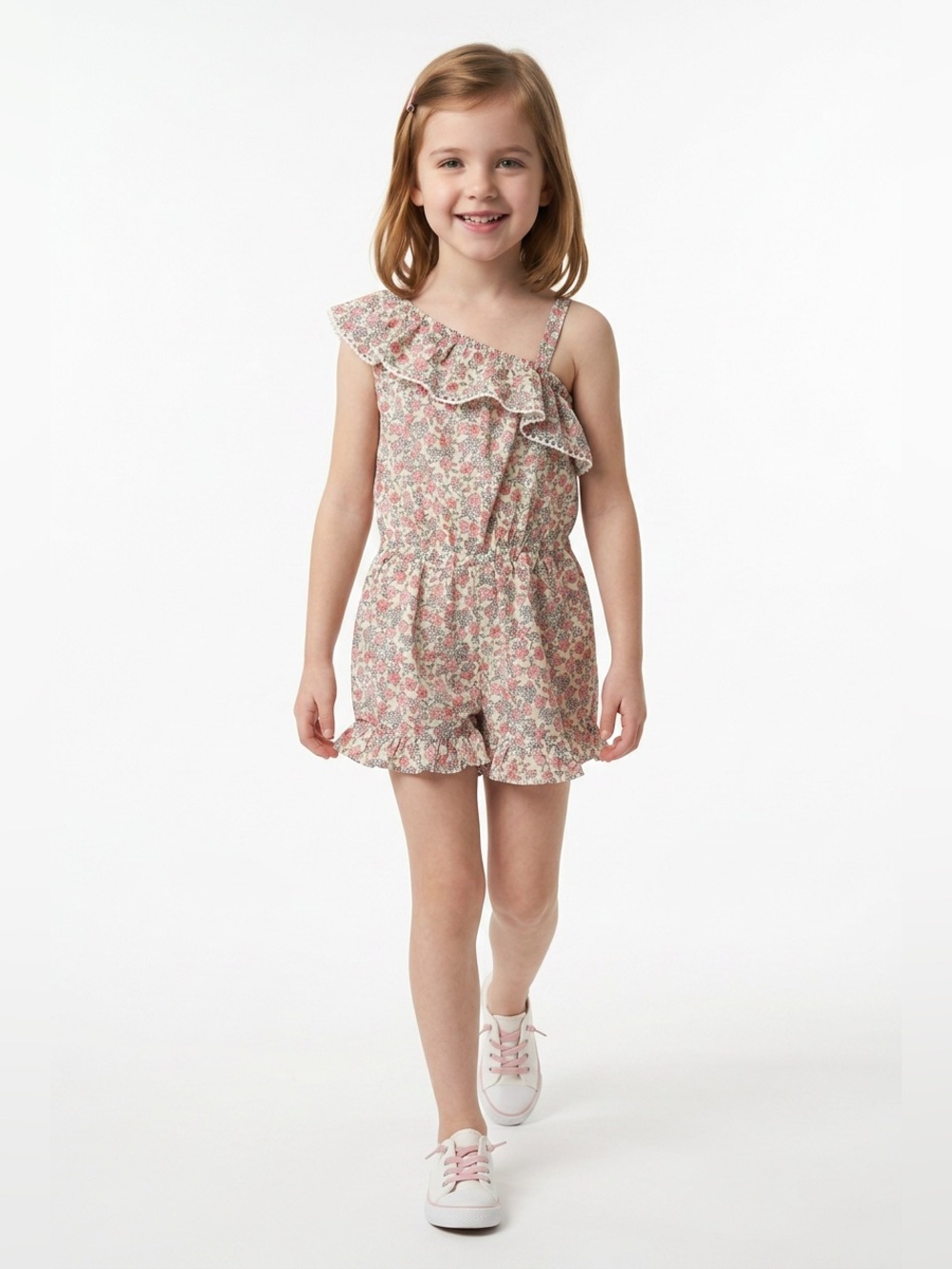 Janie and Jack Cream Romper with Pink Floral Print